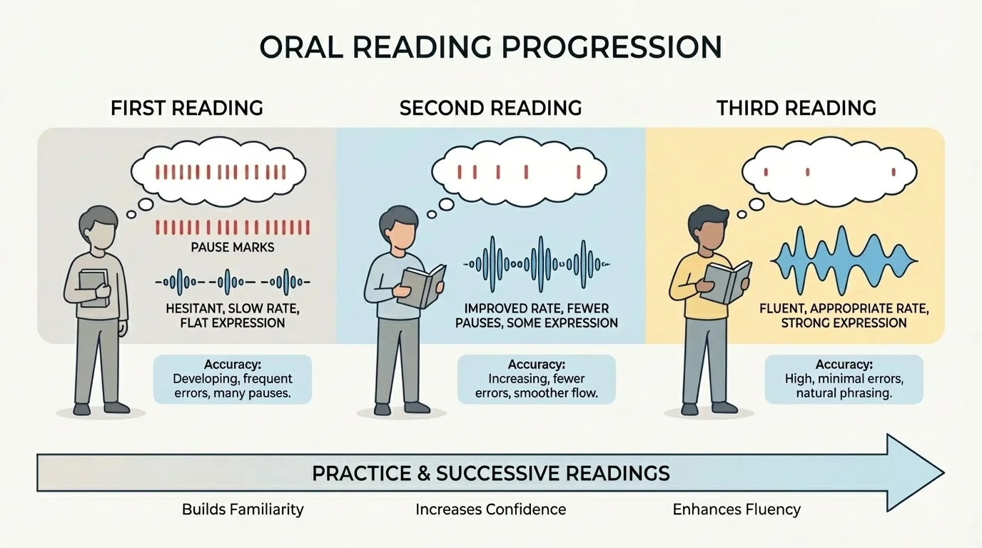 first reading, second reading, third reading, with fewer pause marks and stronger voice expression each time
