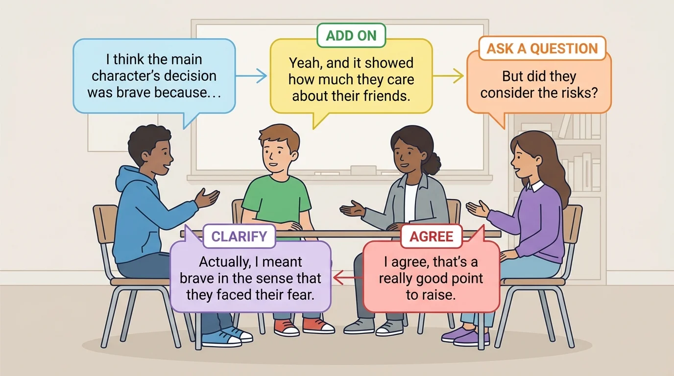 Simple classroom conversation with speech bubbles labeled add on, ask a question, agree, and clarify