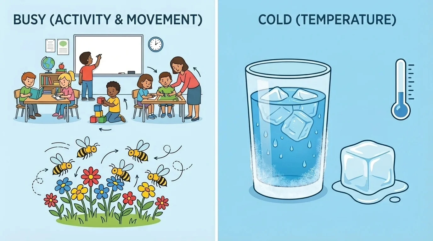 two-part illustration showing a busy classroom and bees near flowers, plus an ice cube beside a cold drink