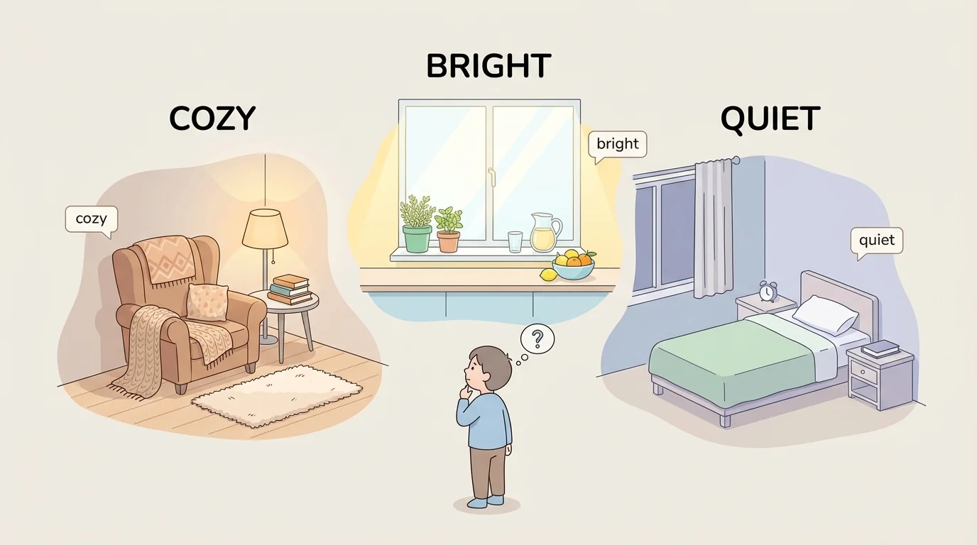 child noticing a cozy reading corner, a bright kitchen window, and a quiet bedroom with simple labels