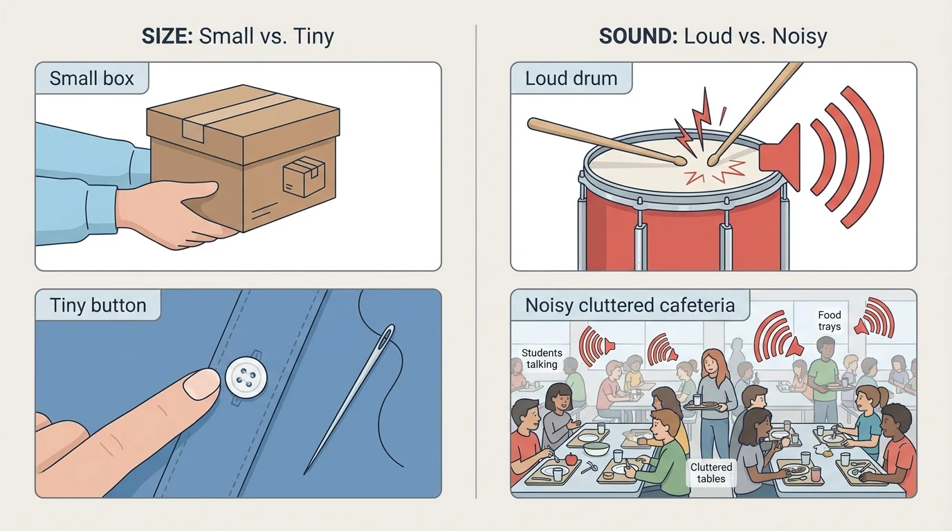 comparison chart with simple scenes showing a small box and a tiny button, a loud drum and a noisy cluttered cafeteria