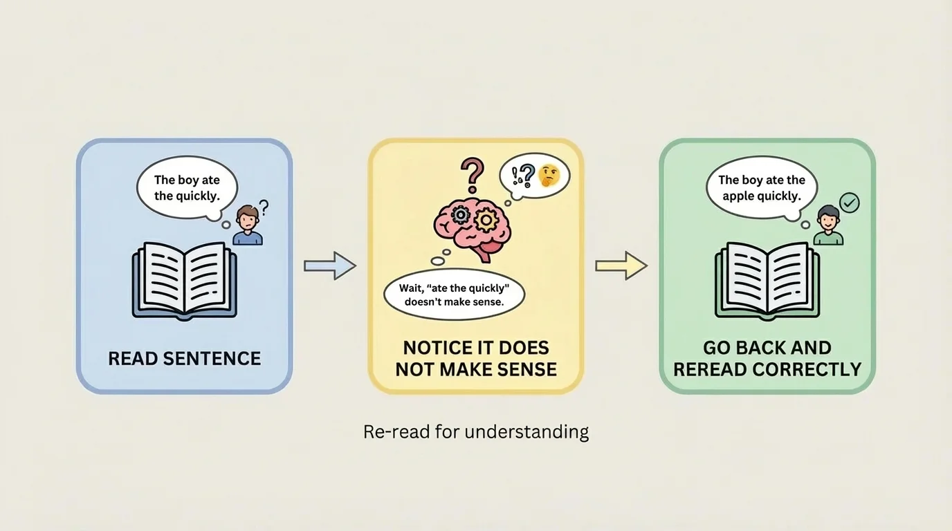 Three-step rereading process with boxes labeled read sentence, notice it does not make sense, go back and reread correctly