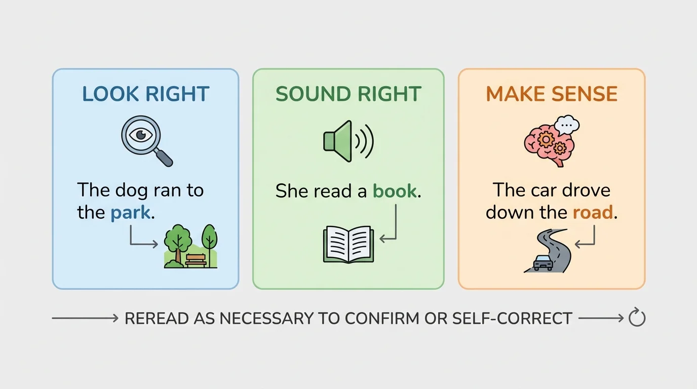 Three-box chart labeled look right, sound right, make sense, each with a simple sentence example for young readers