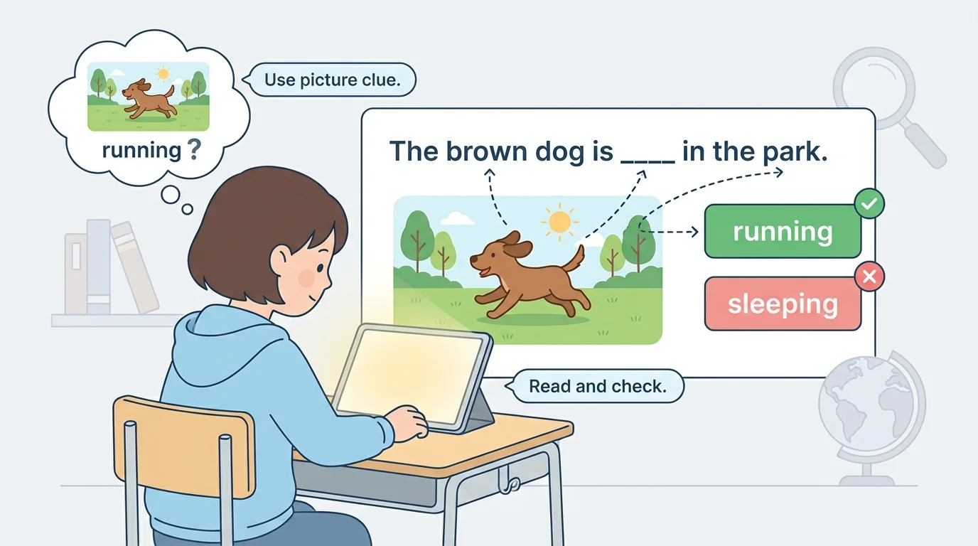 Child reading a sentence about a dog running, with a matching picture of a dog and two possible words, showing how sentence and picture clues help choose the correct word