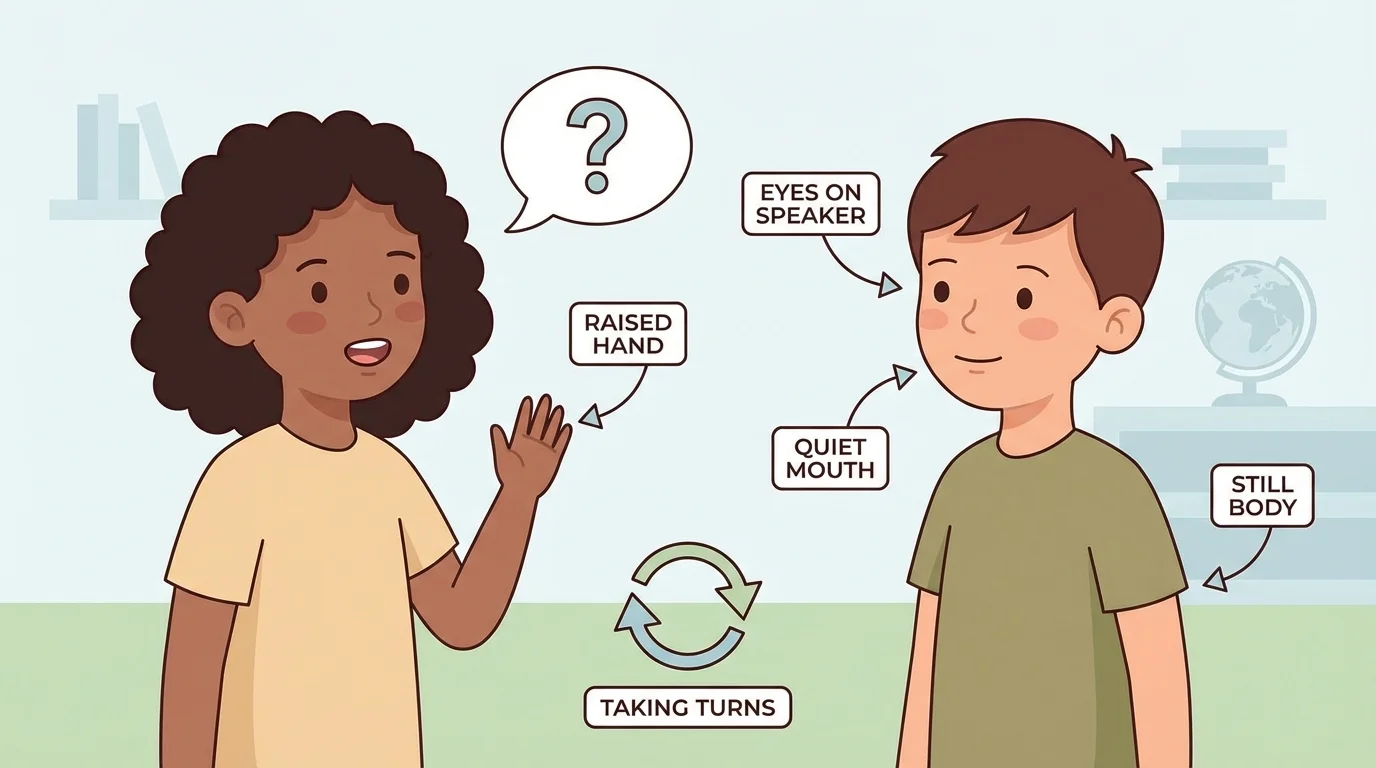 two children in conversation with simple labels showing eyes on speaker, quiet mouth, still body, raised hand, and taking turns