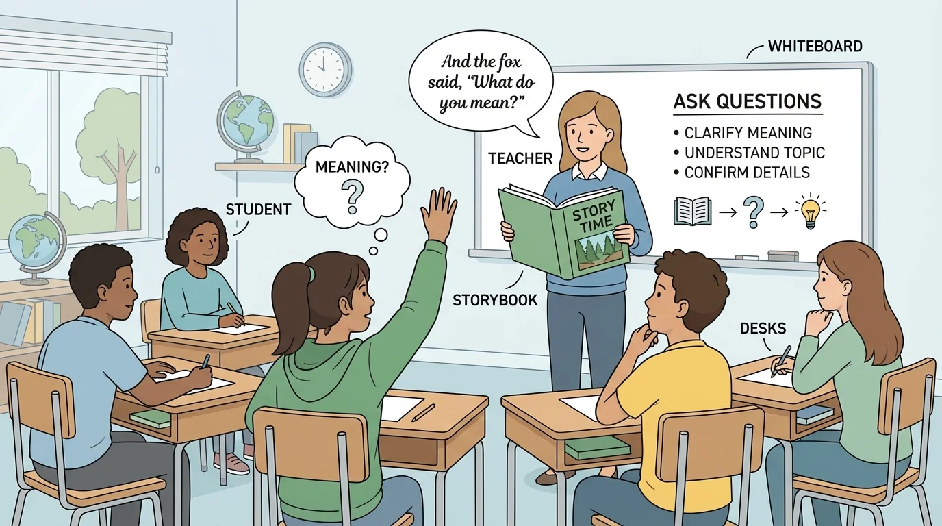 classroom scene with teacher reading a story, one child raising a hand to ask a question while other children sit and listen