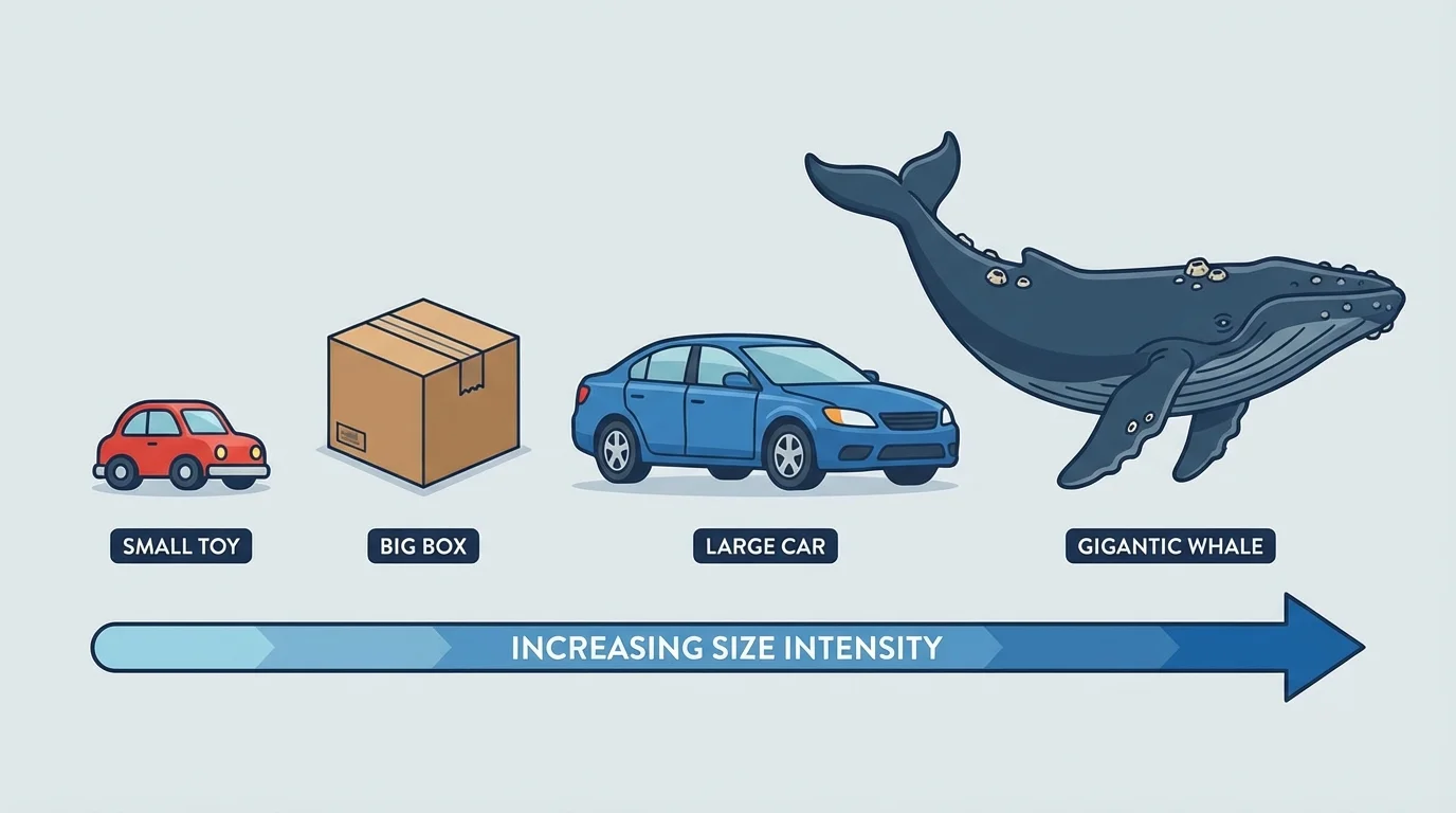 size comparison from small toy, big box, large car, and gigantic whale with an arrow showing stronger size words