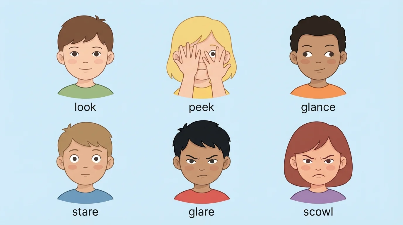 children showing look, peek, glance, stare, glare, and scowl with simple labels and different facial expressions