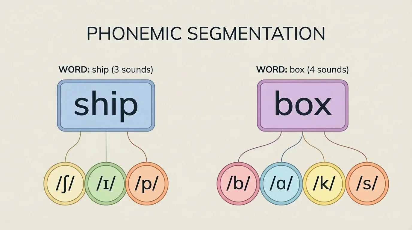 word cards for ship and box with letters on top and separate sound circles below showing three sounds for ship and four sounds for box
