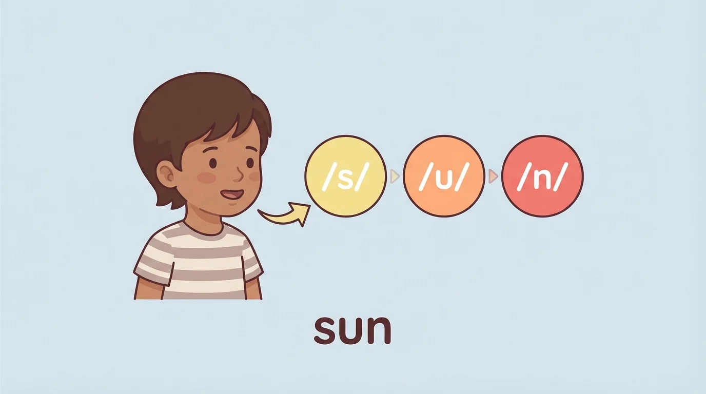 child saying the word sun with three sound bubbles labeled /s/ /u/ /n/ from left to right