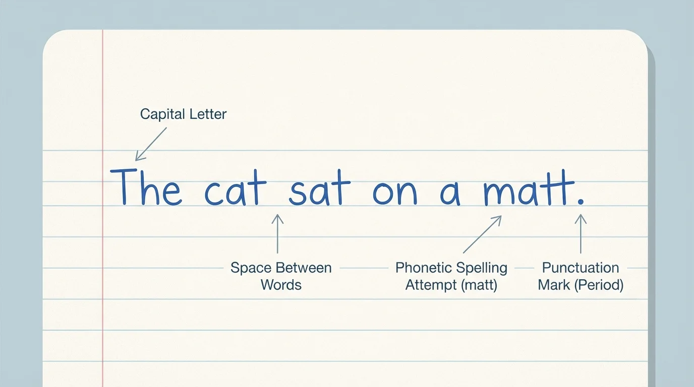illustration of a notebook sentence with capital at the start, spaces between words, and a period at the end