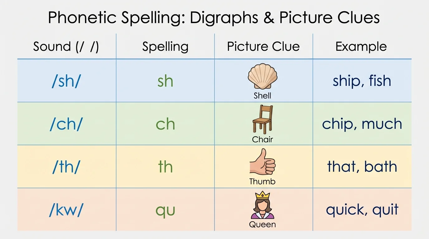 chart with sounds /sh/, /ch/, /th/, /kw/ matched to sh, ch, th, qu with picture clues