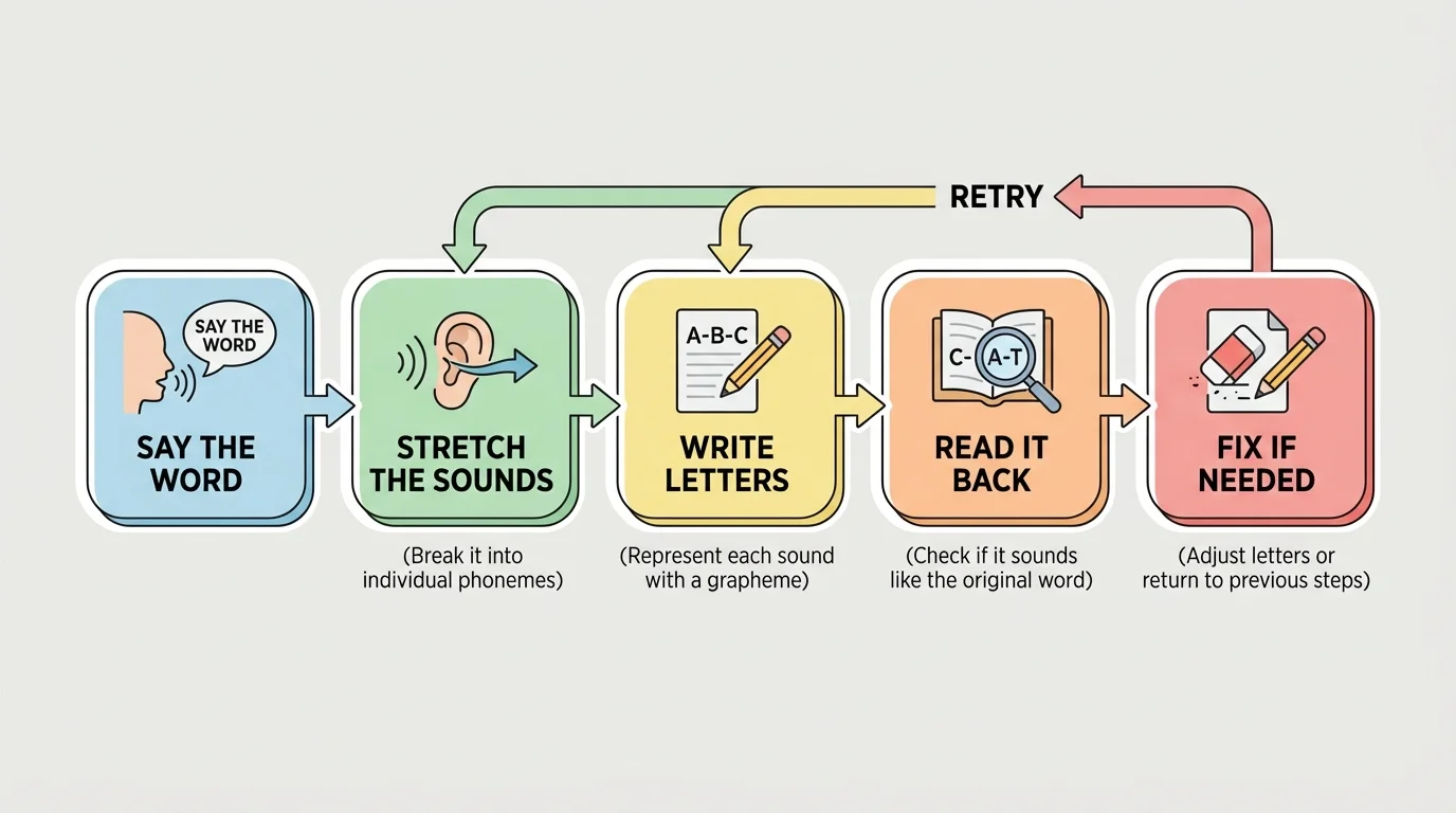 flowchart showing say the word, stretch the sounds, write letters, read it back, fix if needed