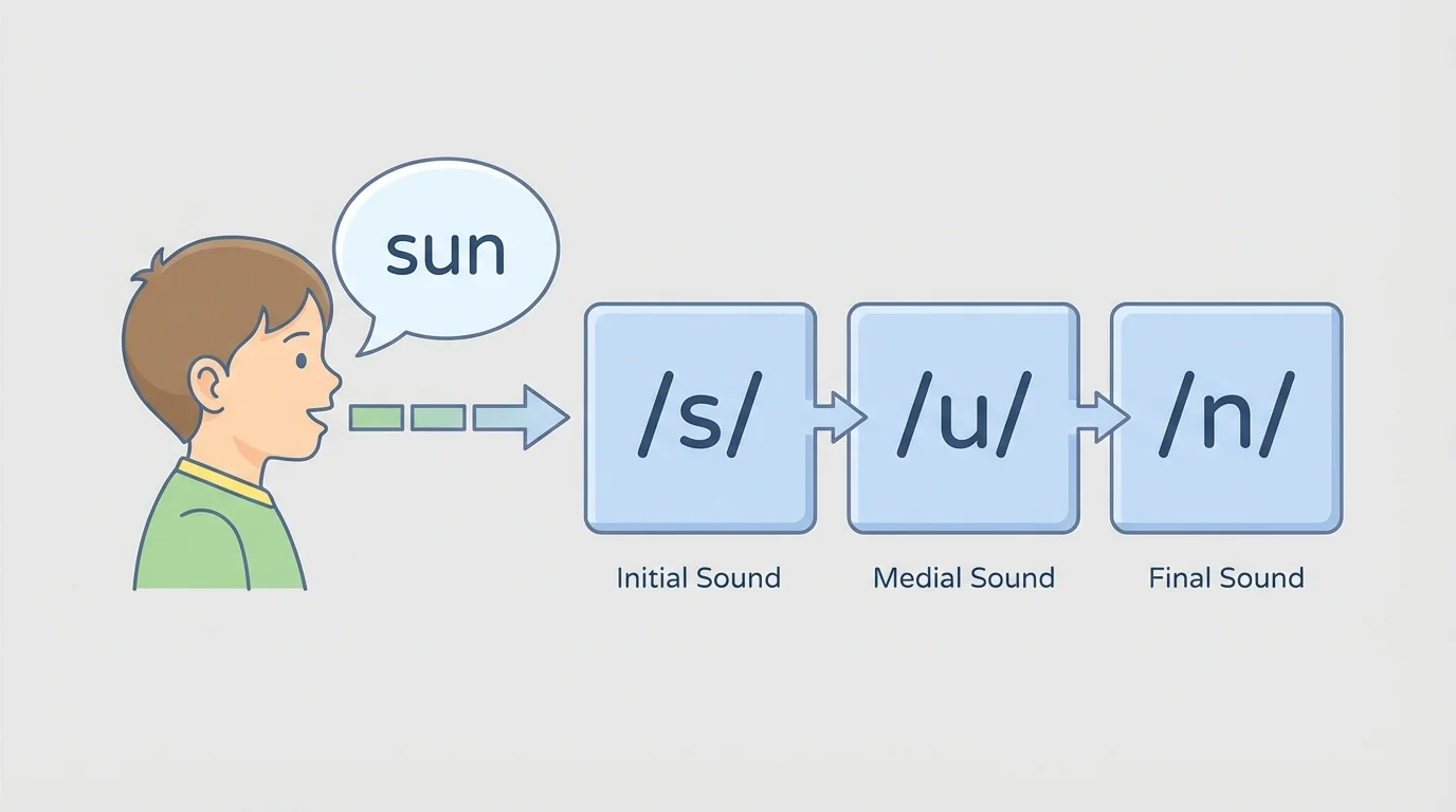 child saying the word sun with three sound boxes labeled /s/ /u/ /n/