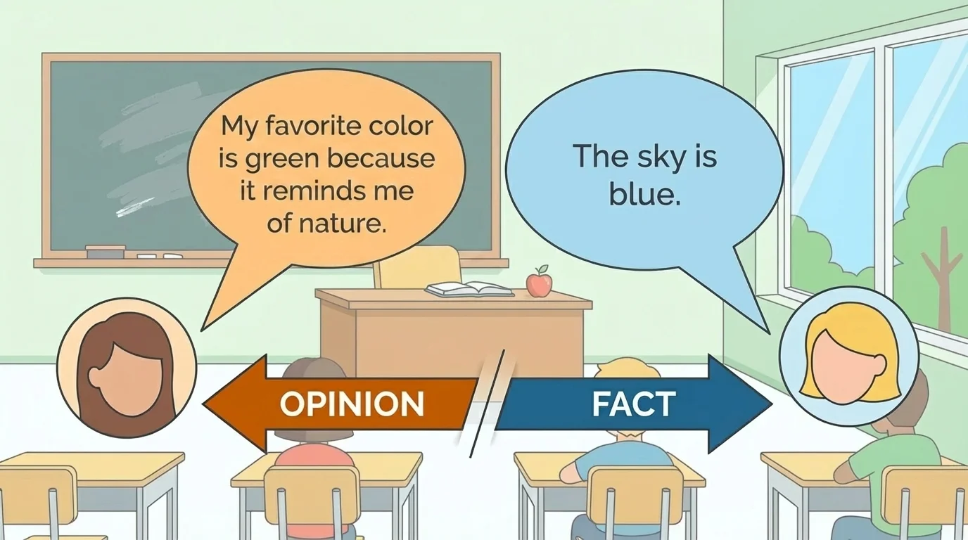 two speech bubbles in a classroom, one says favorite color is green and the other says the sky is blue, labeled opinion and fact
