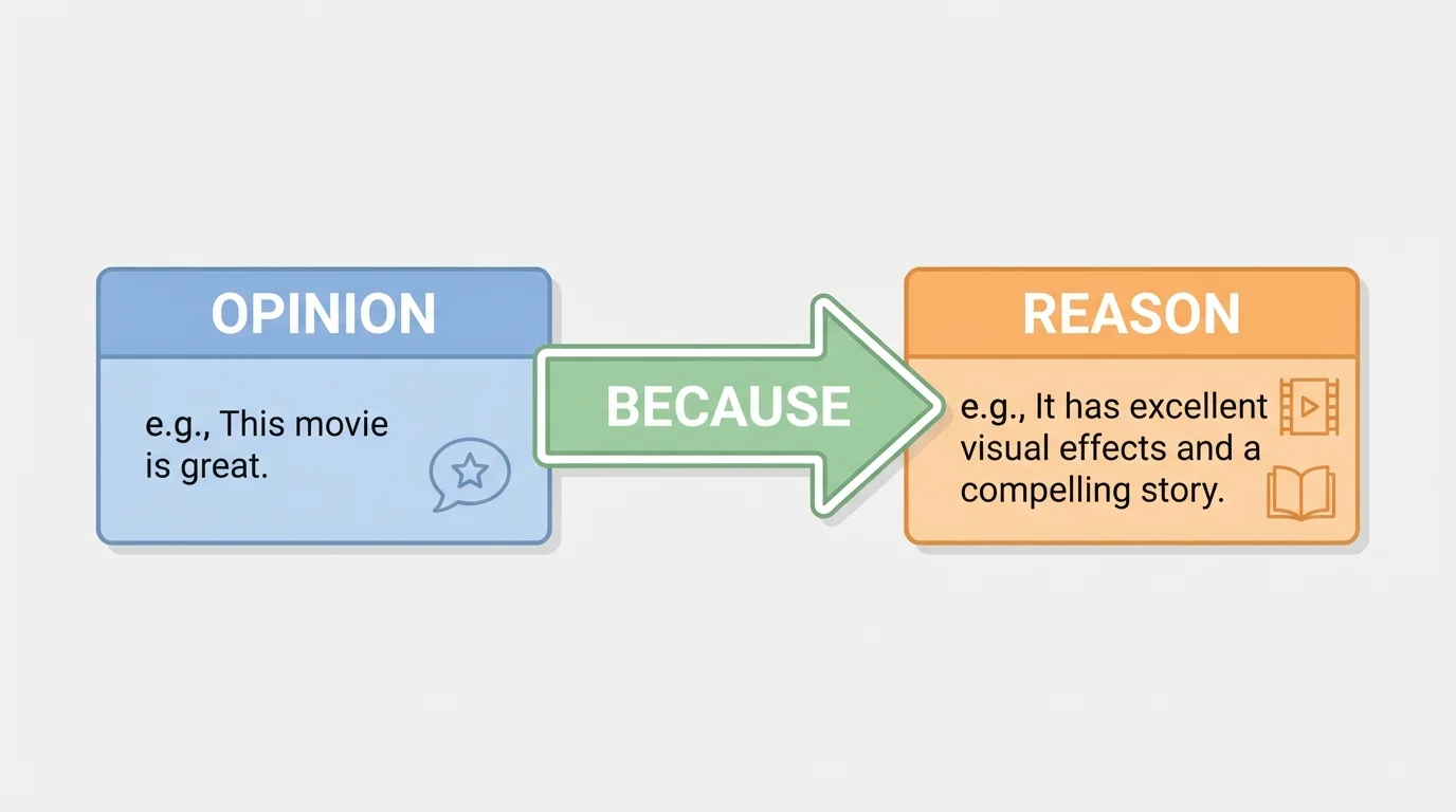 simple two-box flow showing opinion on the left and reason on the right connected by the word because
