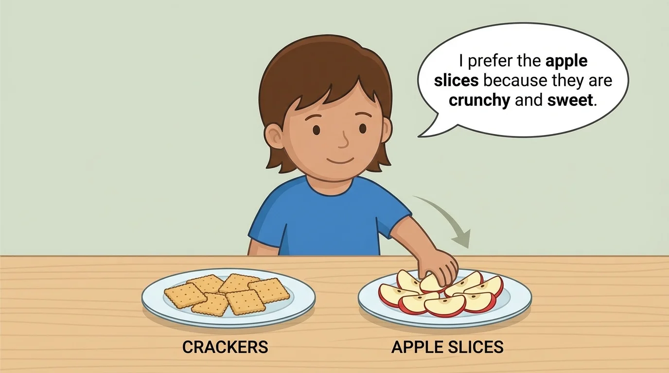 child choosing apple slices over crackers and speaking a full opinion sentence with a reason