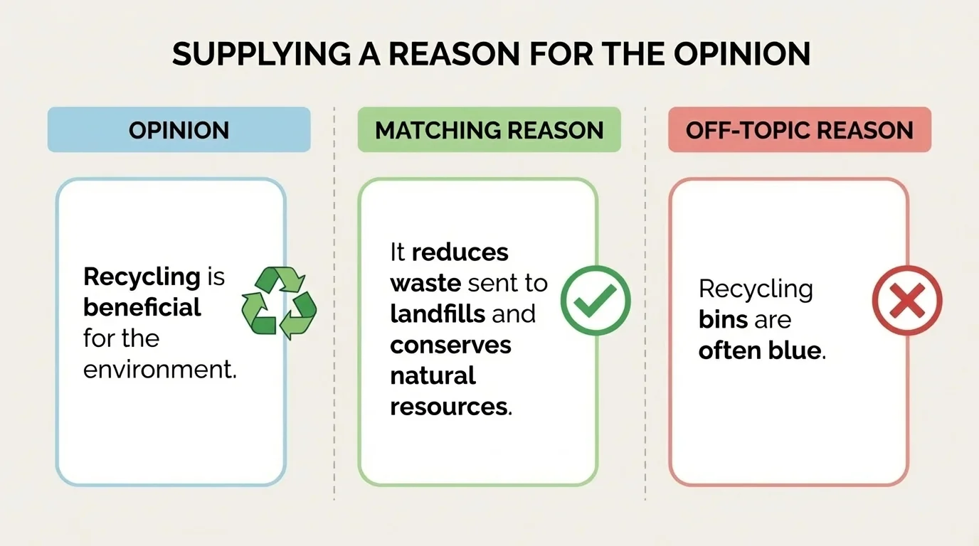 simple comparison chart with one opinion, a matching reason, and an off-topic reason marked with check and X