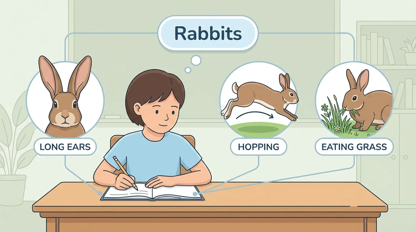 Child writing about rabbits with a title bubble 'Rabbits' and three matching detail pictures showing long ears, hopping, and eating grass