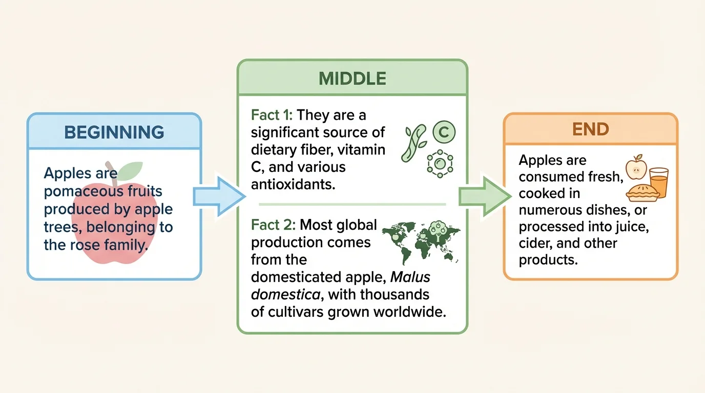 three-box flowchart labeled beginning, middle, end using the topic 'Apples' with a topic sentence in the first box, two detail facts in the middle box, and a closing sentence in the last box