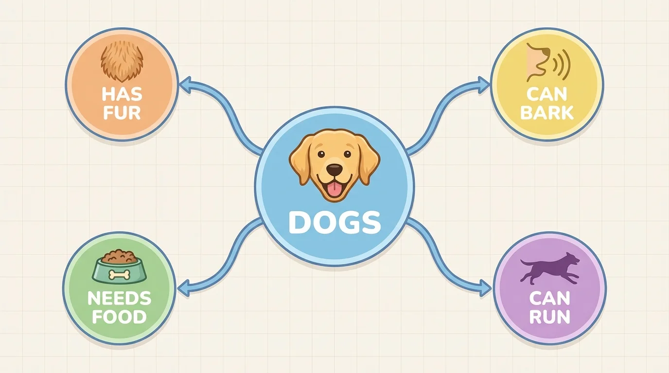child-friendly web chart with the topic 'Dogs' in the center and related facts around it such as 'has fur', 'can bark', 'needs food', and 'can run'