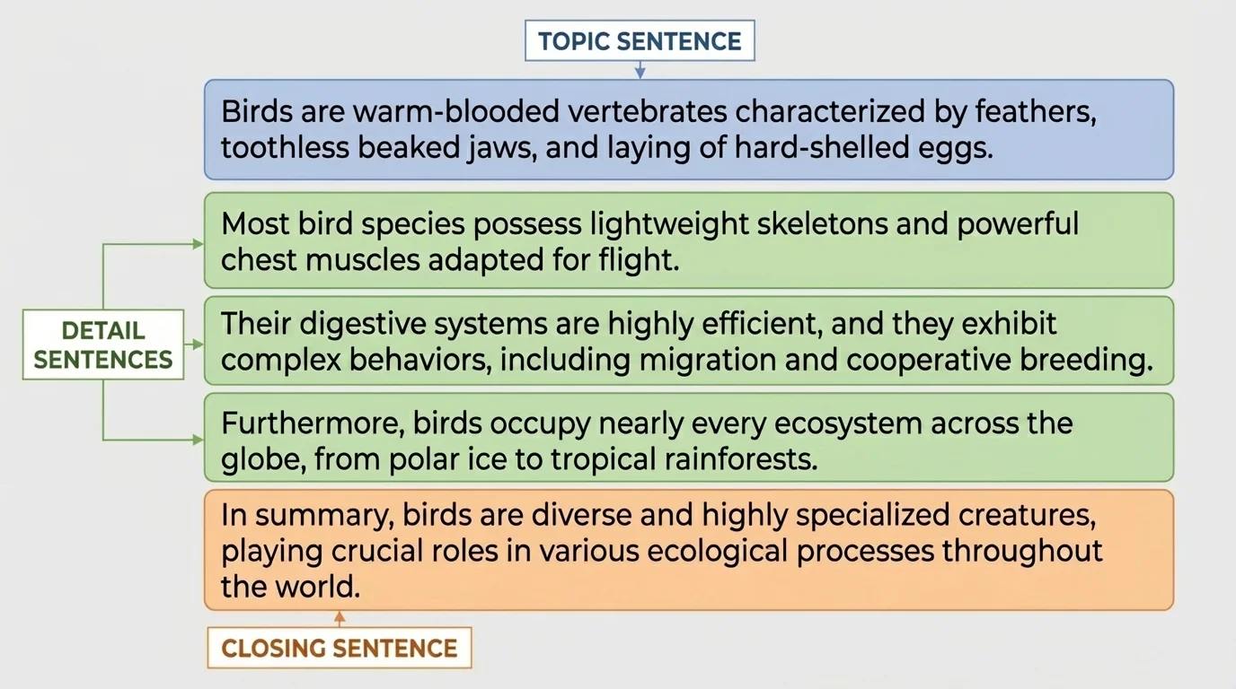 color-coded short paragraph about birds with labels showing topic sentence, detail sentences, and closing sentence