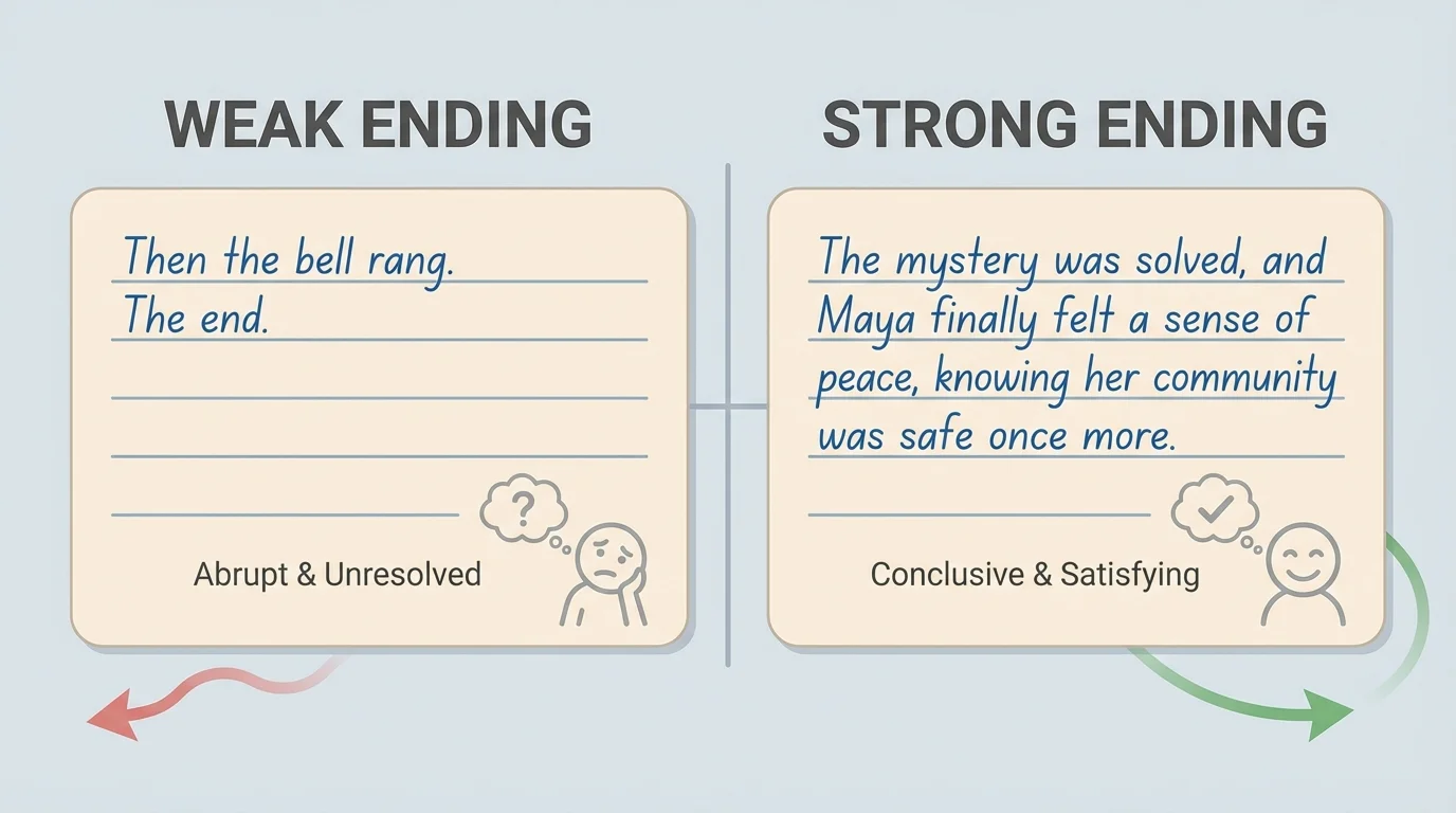 side-by-side student writing cards showing a weak ending on one side and a strong ending on the other