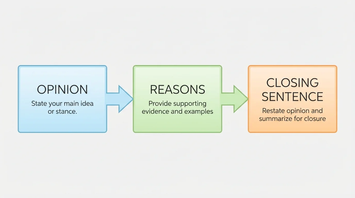 three-box flowchart labeled opinion, reasons, and closing sentence with arrows between them