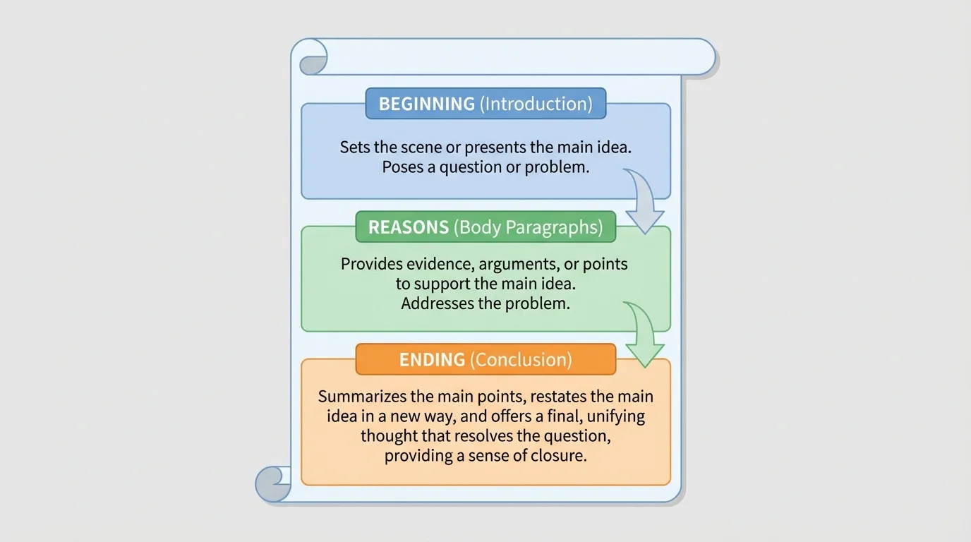 short writing piece with beginning, reasons, and ending highlighted in different colors