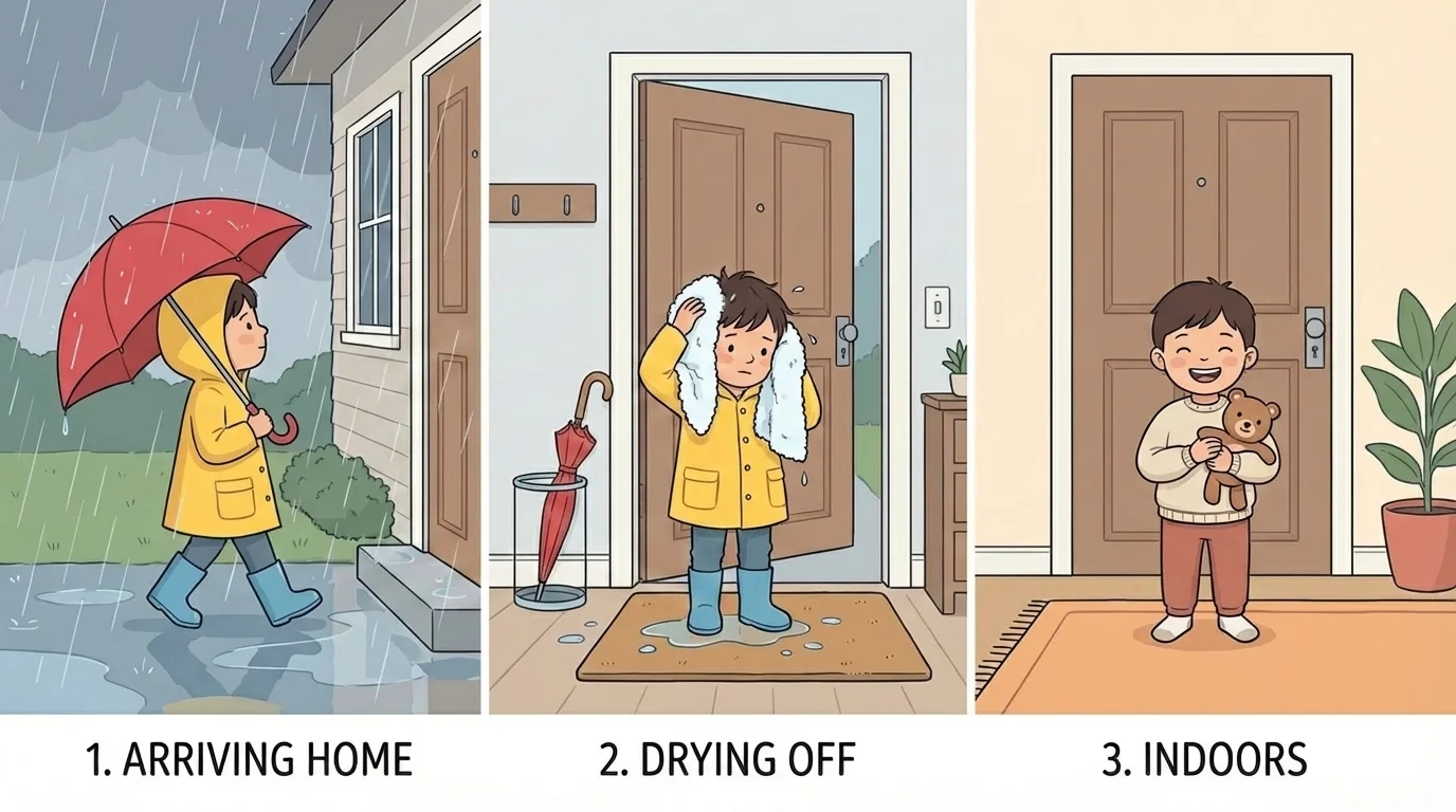 illustration of a child finishing a rainy walk by going home, drying off with a towel, and smiling indoors near the door