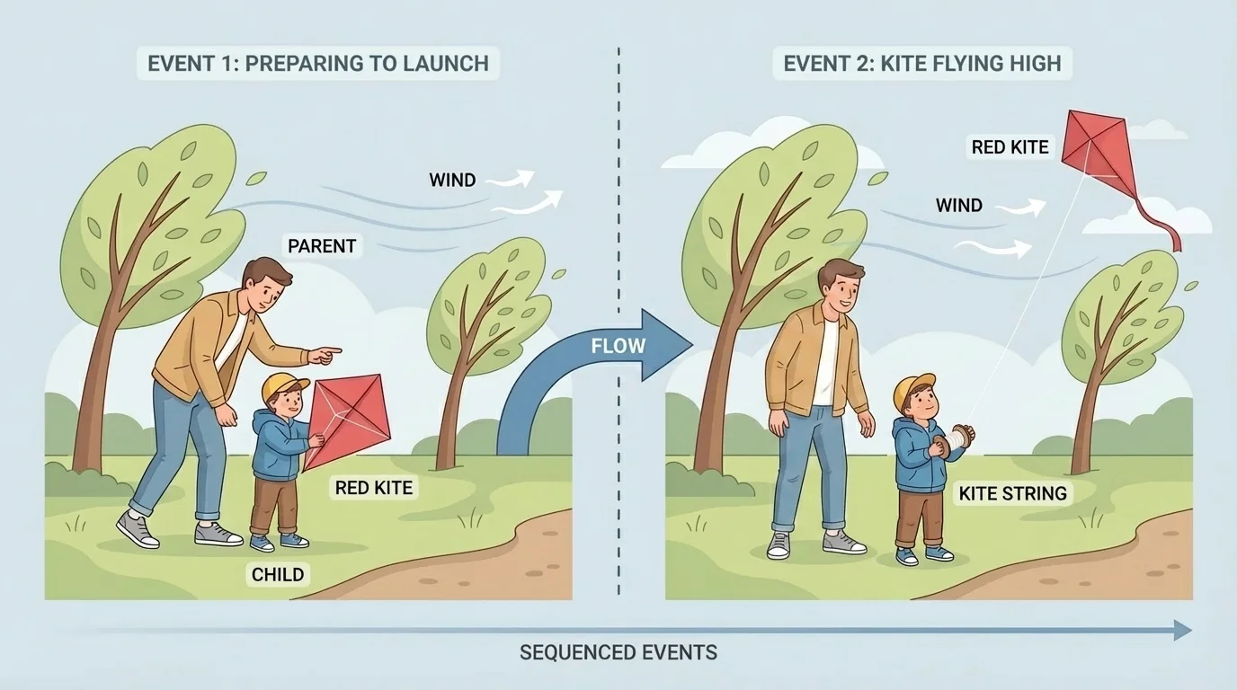 illustration of a child at a park holding a red kite on a windy day, with a parent nearby and trees bending slightly in the wind