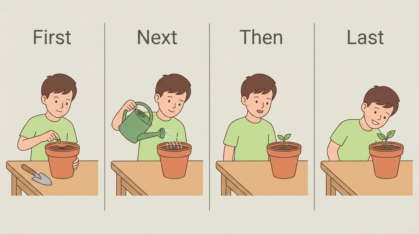 four-panel illustration of a child planting a seed, watering it, seeing a sprout, and smiling, with short labels first, next, then, last