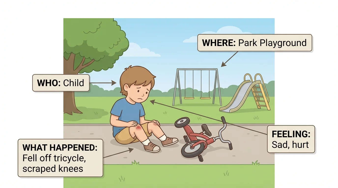 child at a park scene with simple labels showing who, where, what happened, and feeling