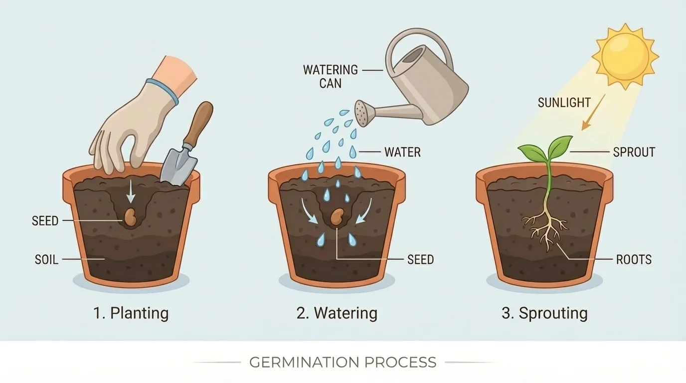 three-panel sequence of a child planting a seed, watering it, and seeing a sprout grow