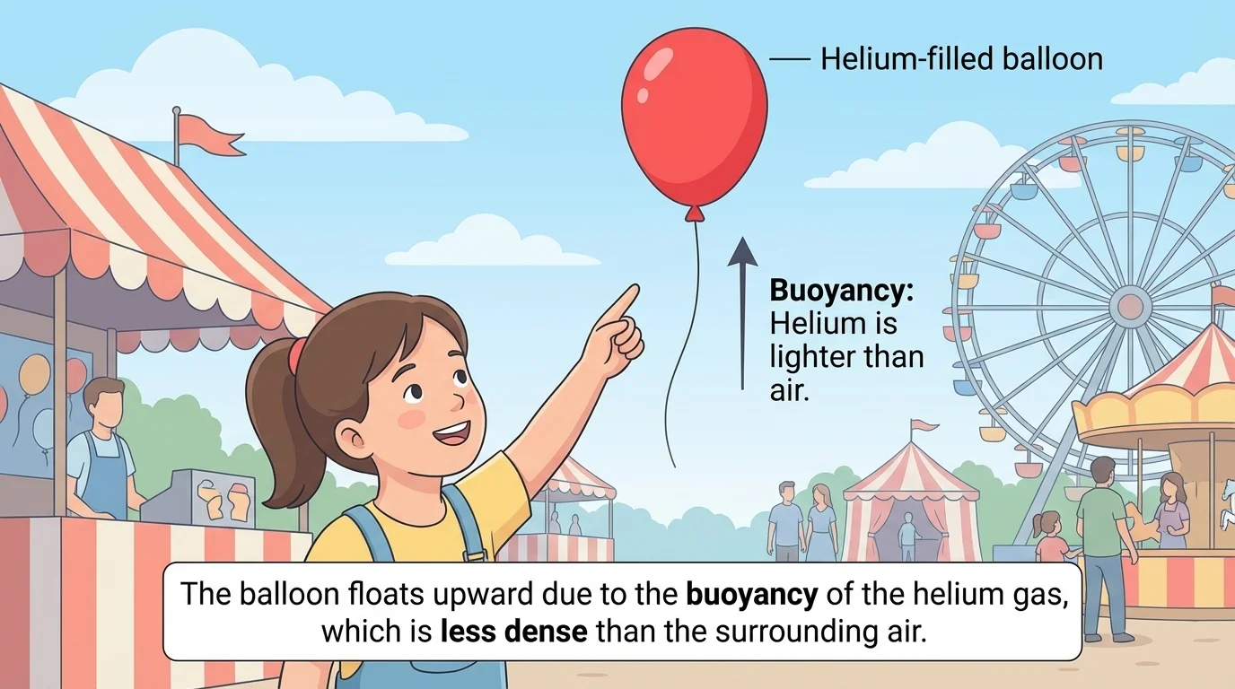 child at a fair watching a bright red balloon float upward, looking surprised and excited