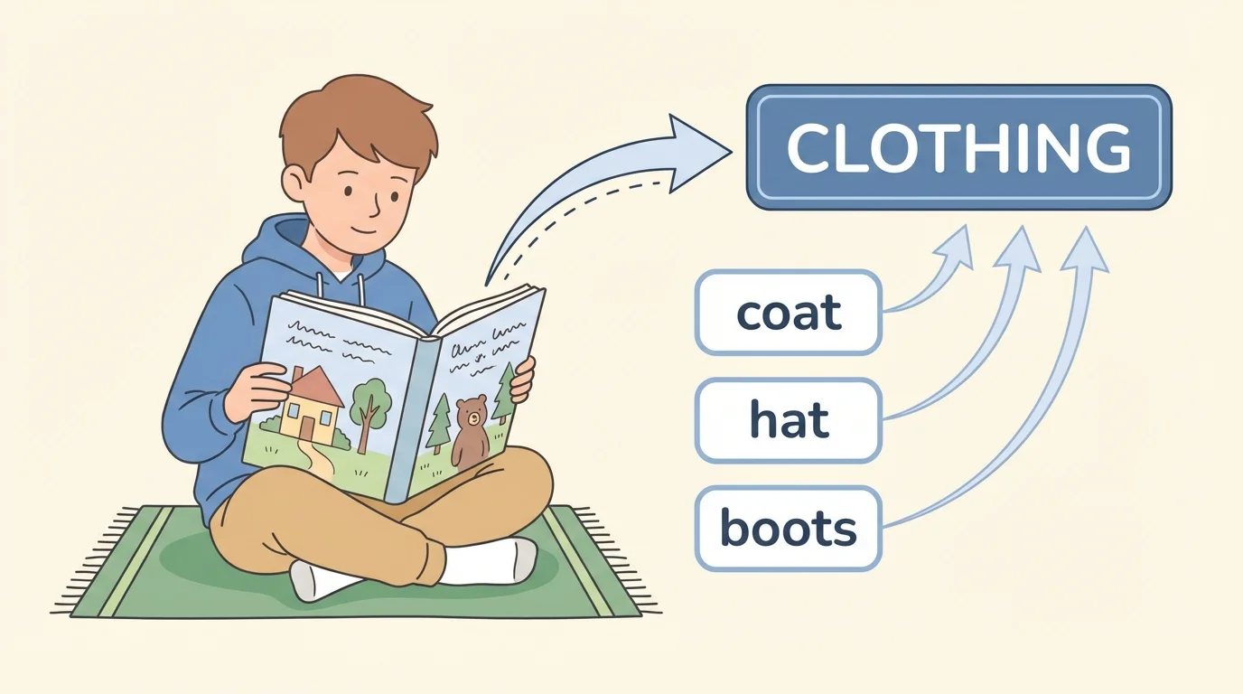student reading a storybook while grouped clue words coat, hat, boots appear nearby and point to a label clothing