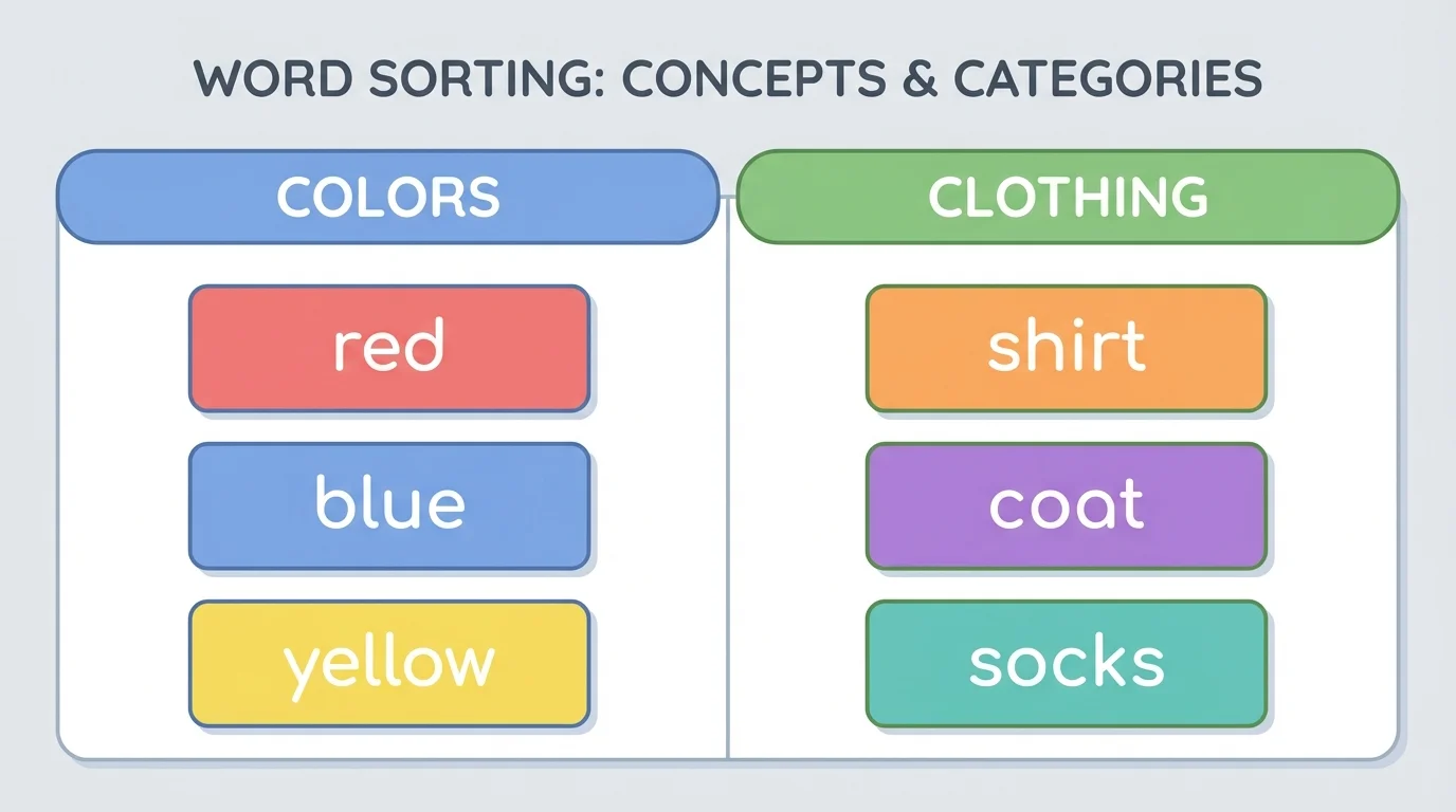 chart with two labeled groups, colors and clothing, with word cards such as red, blue, yellow under colors and shirt, coat, socks under clothing