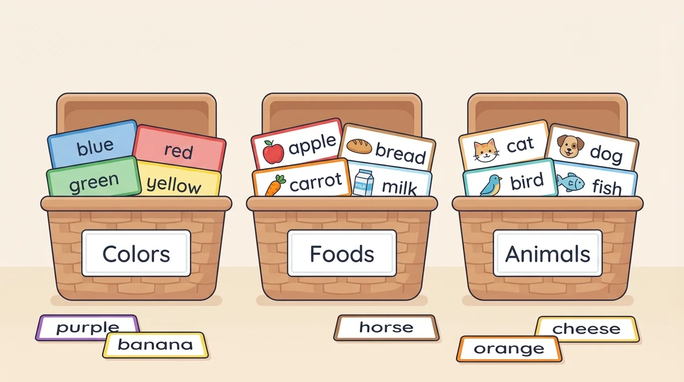 three baskets labeled colors, foods, and animals with simple word cards such as blue, apple, and cat placed in the matching baskets