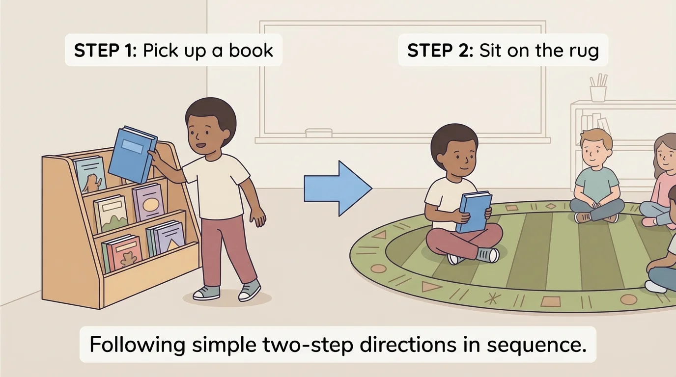 Two children following classroom directions in sequence: first pick up a book, then sit on the rug