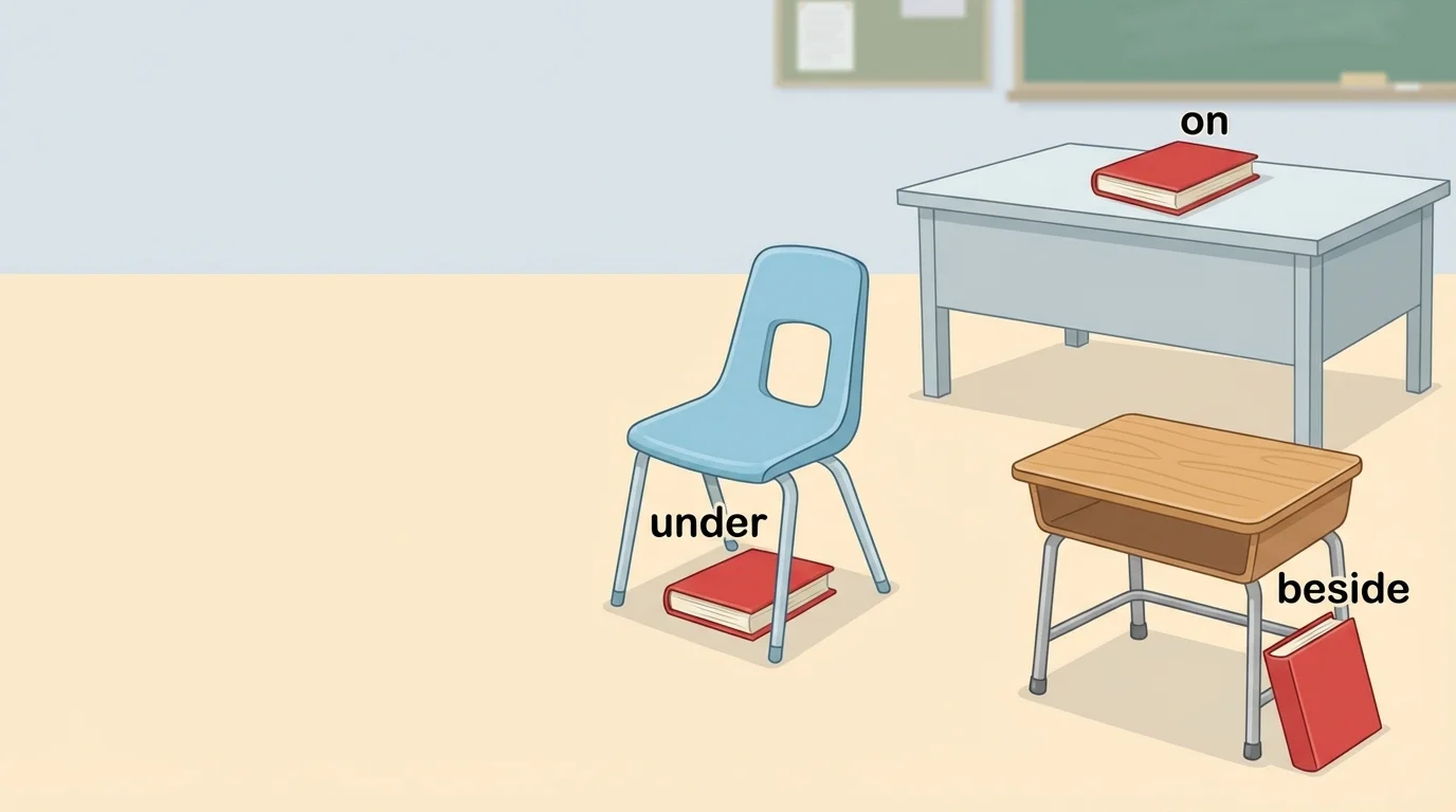 Classroom scene with an object under a chair, beside a desk, and on a table, labeled with simple position words