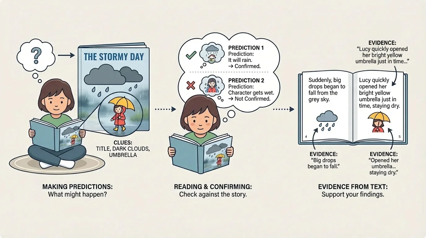 child reading a storybook, noticing title, picture of dark clouds, and character holding umbrella as clues