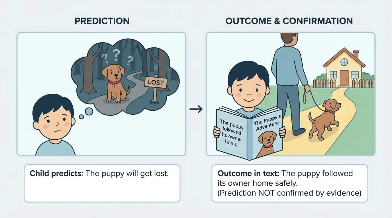 simple two-part story scene, first child predicts puppy will get lost, then next scene shows puppy following owner home safely