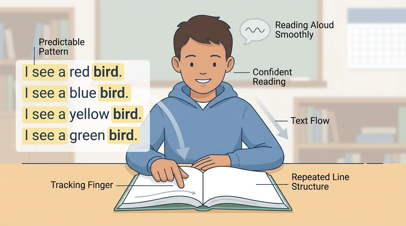 Young student tracking repeated poem lines with a finger while reading aloud smoothly, showing confidence and repeated text across lines