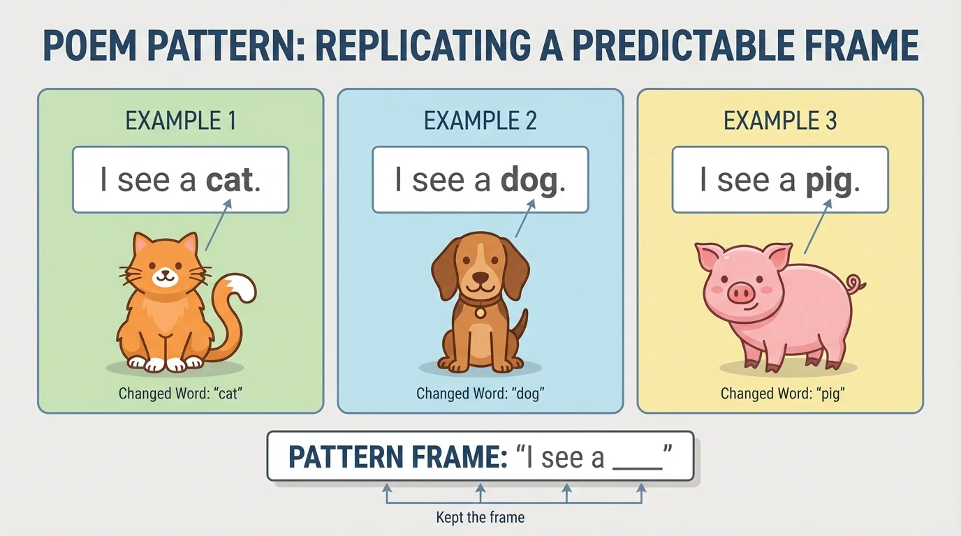Side-by-side poem frame 'I see a ___' with completed matching lines using cat, dog, and pig to show keeping the frame and changing one word