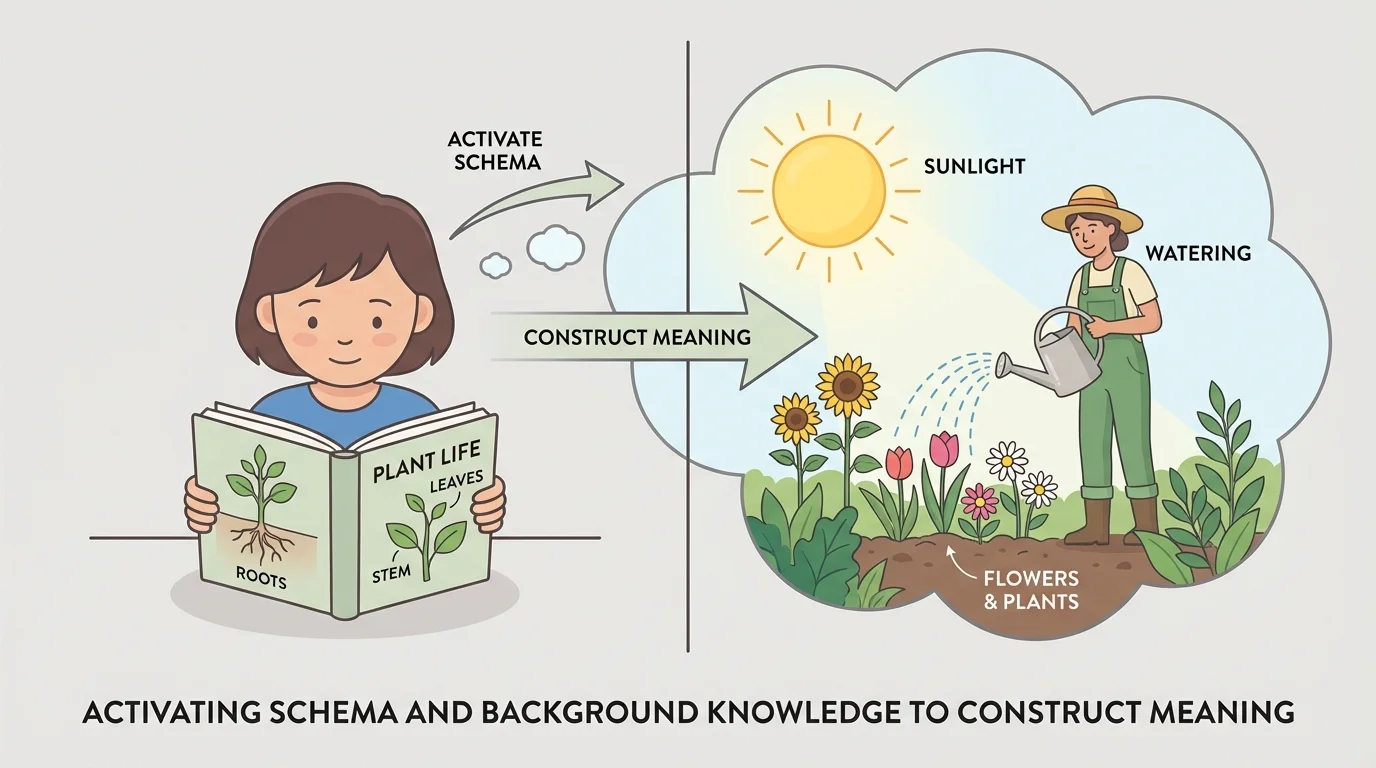 Split-scene of a child reading a plant book while thinking of a garden with sun shining on flowers and a person watering them