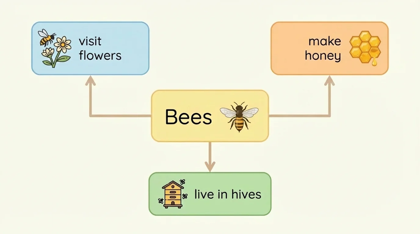 Simple topic-and-details chart with the topic 'Bees' and key details such as visit flowers, make honey, and live in hives