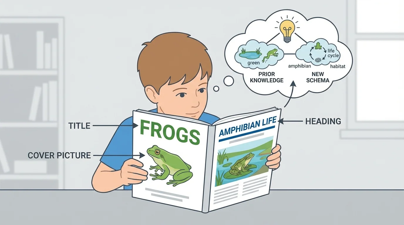 Child looking at a nonfiction book about frogs, noticing the title, frog cover picture, and a heading inside the book as reading clues