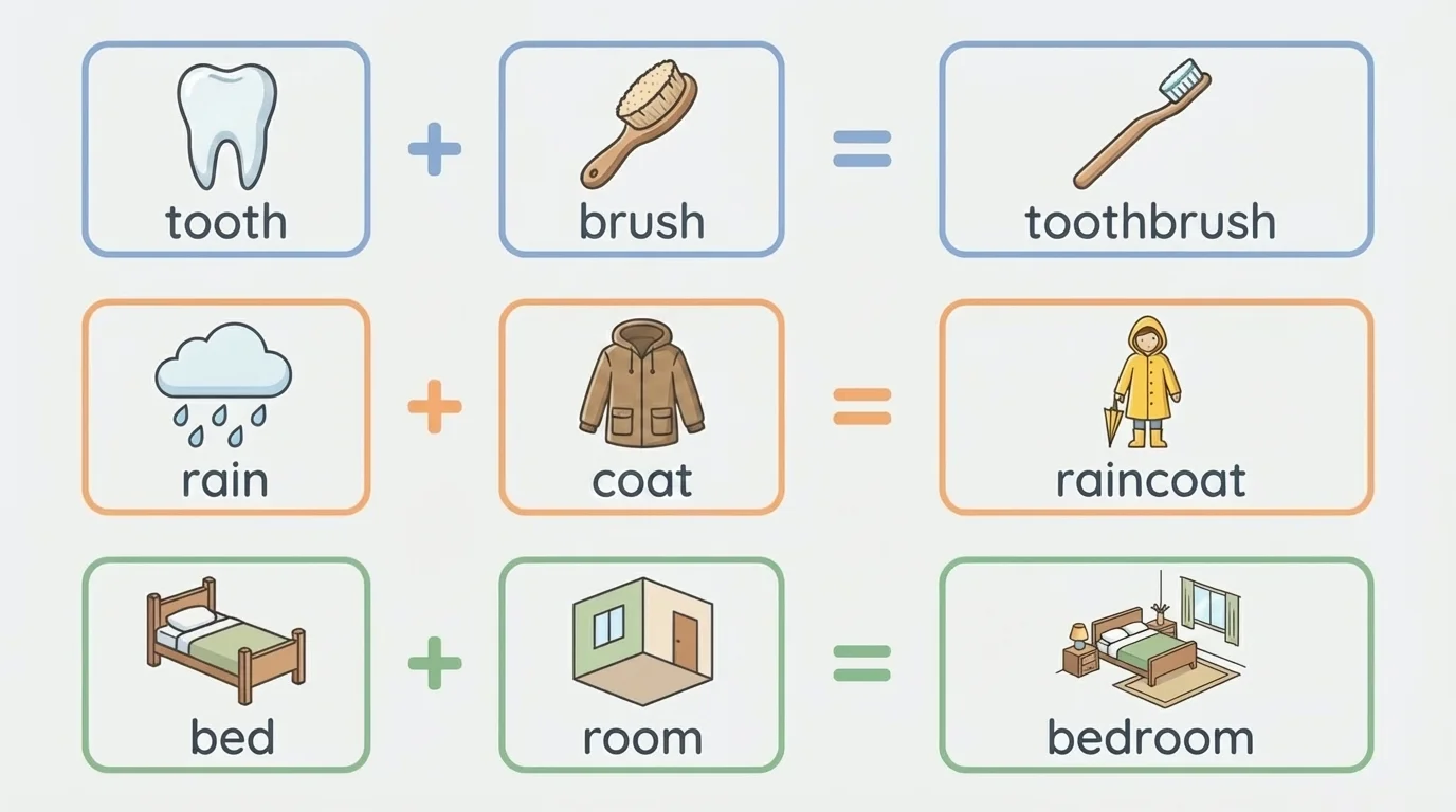 three simple rows showing tooth + brush = toothbrush, rain + coat = raincoat, and bed + room = bedroom, with each part in separate boxes leading to the full word