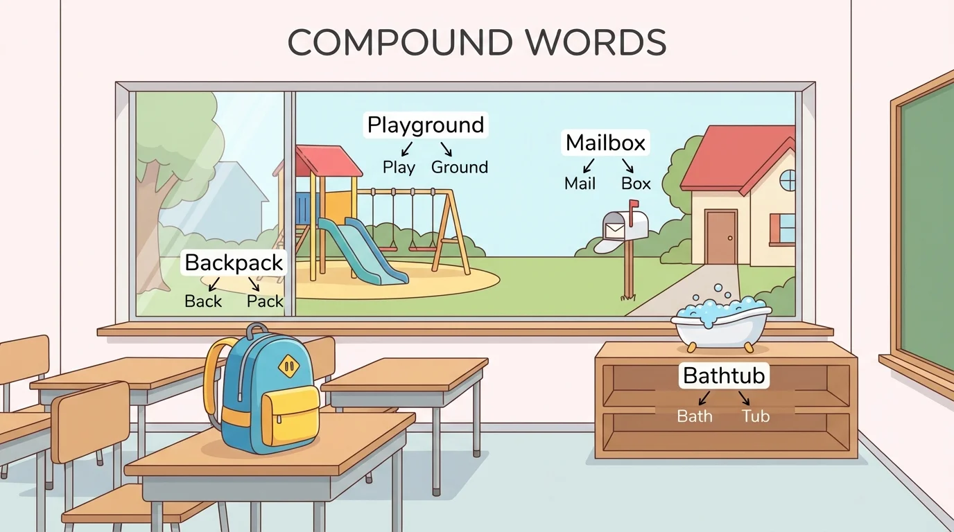 classroom and neighborhood scene with clearly shown objects for backpack, playground, mailbox, and bathtub, each object visually obvious