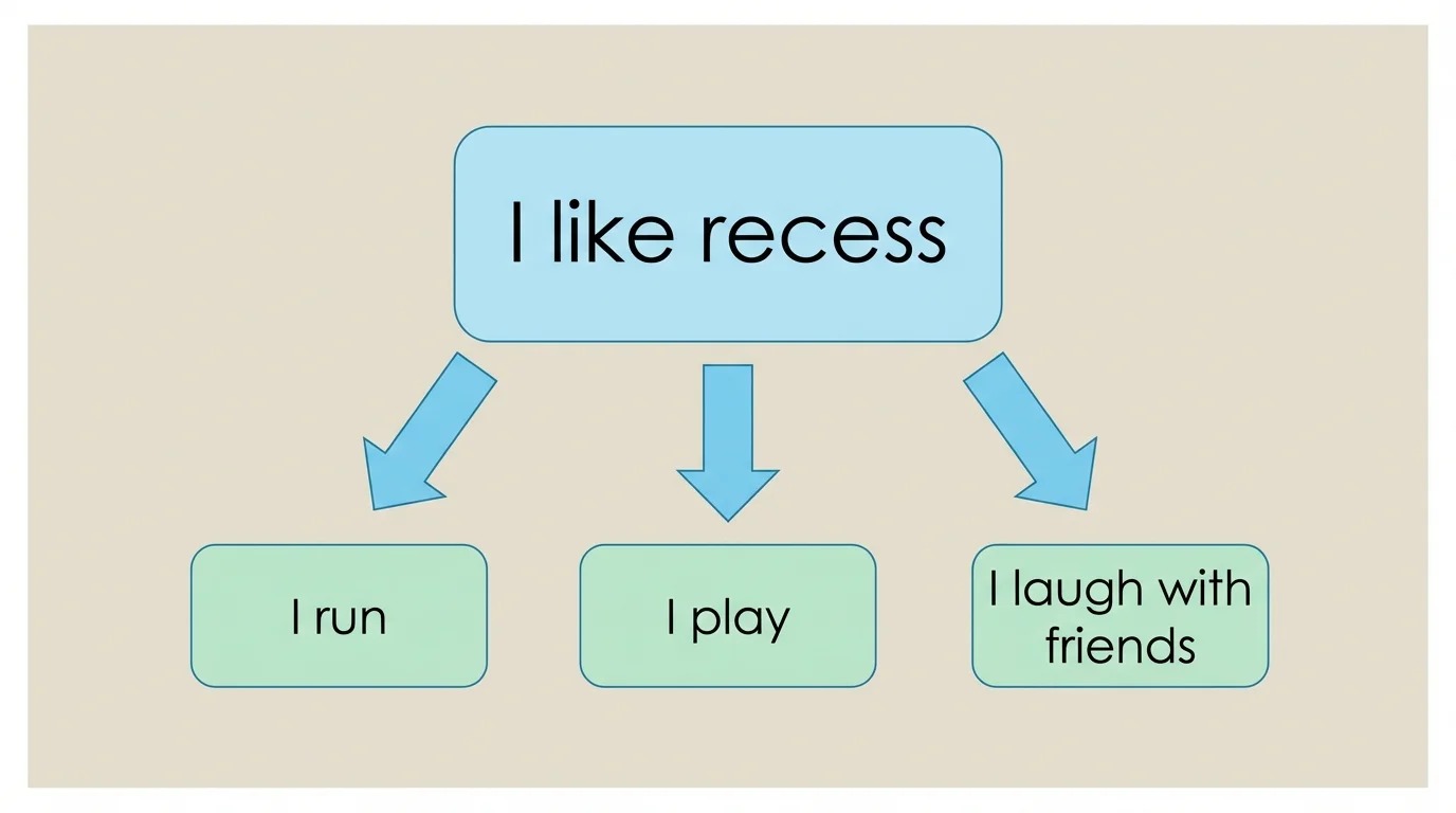 simple flowchart with the opinion "I like recess" leading to three reasons: "I run," "I play," and "I laugh with friends"